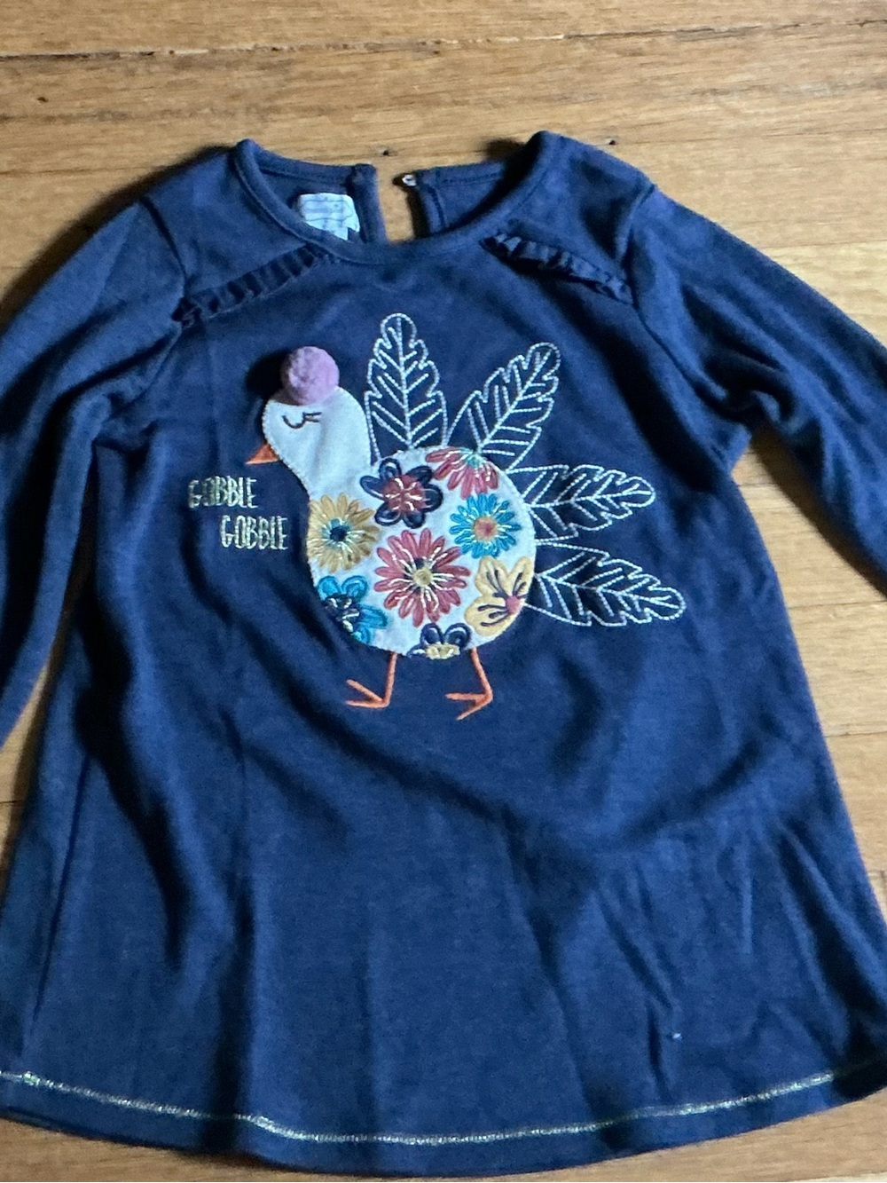 Mud Pie Navy Long-Sleeve Top with Floral Turkey Applique